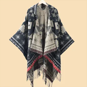 Bohemian geometric knit hooded poncho with black fringe tassels for women's travel style