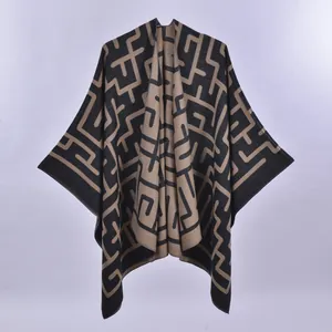 Women Faux Cashmere Reversible Poncho Shawl Geometric Maze Wide Striped Warm Cape Wrap With Tassel Fringe For Autumn Winter
