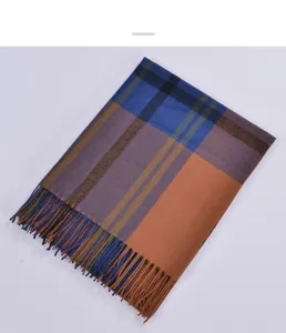 Detail of plaid scarf showing colorful checkered patterns and soft fringe texture
