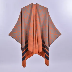 Women's Vintage Geometric Knit Poncho Shawl Reversible Wrap Open Front Cardigan Soft Warm Winter Fall Cape Outerwear