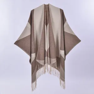 Women Retro Ethnic Geometric Tassel Poncho Shawl Soft Acrylic Polyester Knit Color Block Open Front Warm Wrap Outerwear