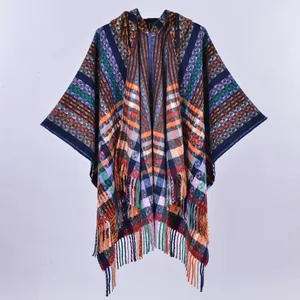 Women's Bohemian Hooded Poncho Shawl Colorful Plaid Geometric Knit Tassel Cape Warm Outerwear For Travel Vacation
