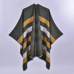 Elegant double-sided striped poncho cape with tassels in dark green and yellow cashmere feel