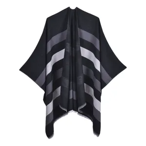 Black and gray striped reversible cashmere-like poncho with tassel edges for women