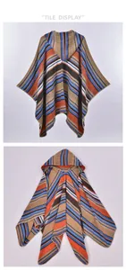 Flat tile display of a knitted hooded poncho featuring colorful geometric stripes
