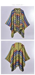 Flat display showing the front and back of a colorful striped hooded knit poncho with split sides