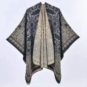 Retro paisley pattern shawl cloak for women in black and gold jacquard knit fabric