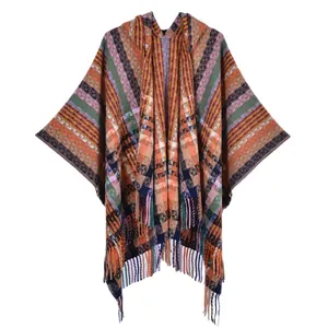 Ethnic style hooded poncho featuring colorful plaid knit patterns and long tassel fringe