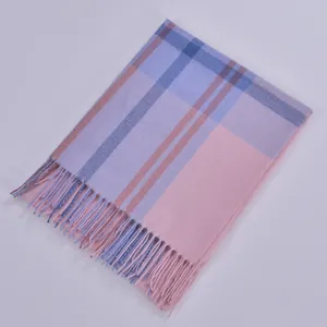 Classic colorful plaid cashmere scarf with fringes for women in soft pastel tones