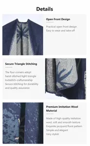 Close-up of dark blue faux cashmere shawl with split front and jacquard texture