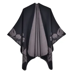 Châle cape pour femme en faux cachemire noir avec motif floral et fentes latérales épaisses