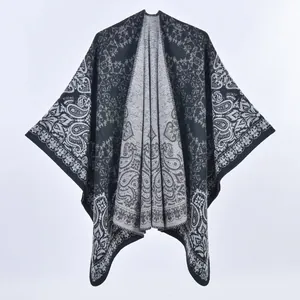 Vintage paisley pattern women's thick shawl wrap in charcoal grey and black knit