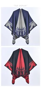 Detailed tile display of knit ponchos in navy grey and black red geometric patterns