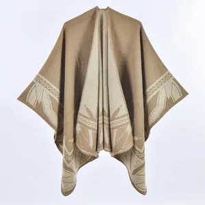 Thick khaki cashmere-feel split poncho cape with cream leaf pattern and geometric borders