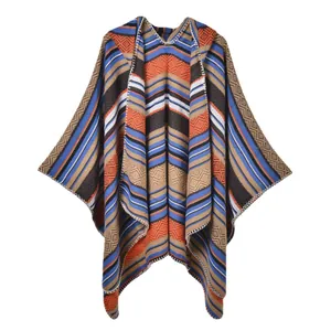 Women's autumn knit hooded poncho with bohemian colorful stripes and geometric patterns