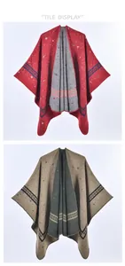 Detail of double-sided knit shawl showing red and khaki geometric woven patterns