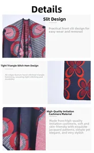 Detail of red and blue split shawl with cashmere-like texture and jacquard pattern