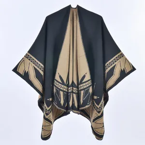 Women's Thickened Cashmere-like Shawl Poncho Geometric Bamboo Leaf Print Open Front Cape Wrap For Winter Autumn Outdoor Travel