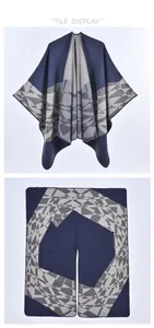 Detail display of navy and gray geometric knit shawl with thick warmth-keeping texture