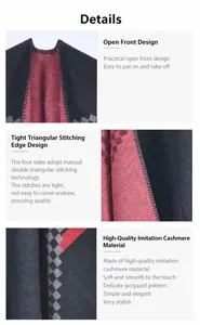 Detail of knit poncho featuring split design, jacquard pattern and lockstitch edges