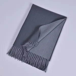 Double-sided grey cashmere-like scarf with fringe and diagonal weave for winter