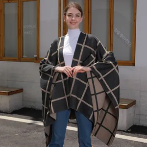 Classic black and brown checkered oversized shawl cardigan for women in winter