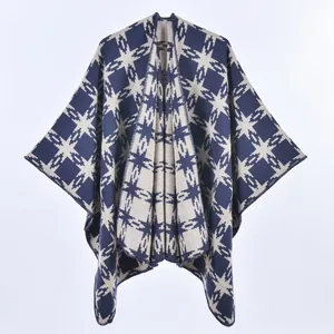 Navy and beige knit poncho with star patterns, thick pashmina wrap for women