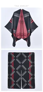 Flat lay of knit shawl featuring bold red vertical stripes and geometric patterns