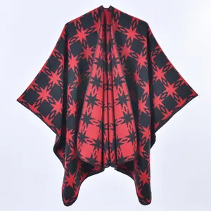 Ethnic geometric cashmere shawl poncho with red and black reversible jacquard design