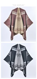 Flat lay tile display of women's knit shawls with geometric diamond patterns in two colors