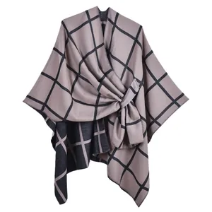 Classic checkered knit shawl cape with front knot design in light beige and black