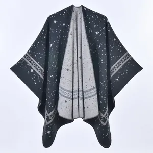 Black and grey double-sided knitted shawl cape with starry pattern and geometric borders