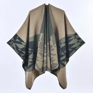 Women's warm winter shawl poncho with geometric patterns in beige and olive tones