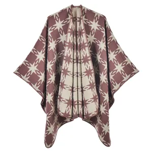 Knit cashmere-like wrap shawl with red-brown geometric star pattern and split cape design