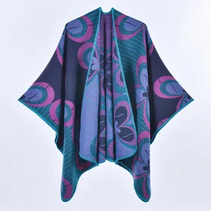 Women Thickened Warm Imitation Cashmere Shawl Cloak Vintage Jacquard Floral Split Cape Cardigan Wrap For Office Travel