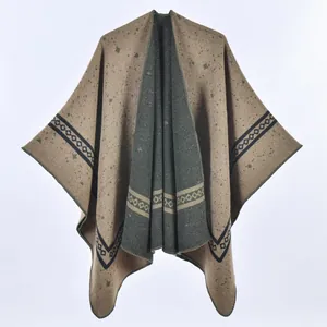 Brown and grey geometric knit shawl cape with a bohemian open front draped design