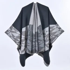 Women's warm winter shawl with black and grey geometric diamond pattern and thick cashmere feel