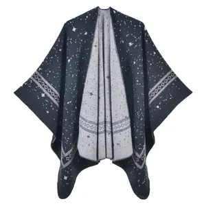 Dual-sided split poncho with navy blue star pattern and ethnic geometric trim