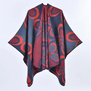 Women's warm knitted shawl cape with dark grey and red abstract floral patterns