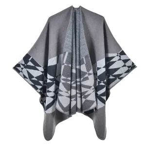Grey knit shawl with geometric pattern, thick winter poncho cape for women