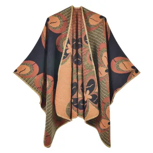 Women's thick thermal shawl cape with vintage floral jacquard pattern in black and orange