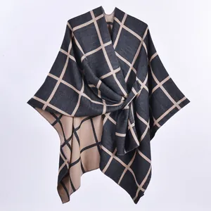 Plaid knitted poncho cape in grey and camel with split hem for autumn and winter