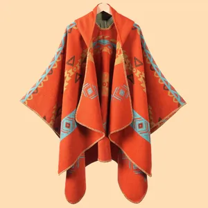 Women Ethnic Hooded Poncho Cloak Tassel Geometric Tribal Print Warm Acrylic Shawl Wrap Bohemian Vintage Winter Knit Outerwear