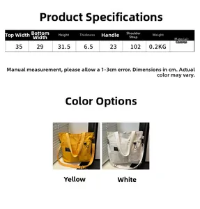 Detailed dimension chart showing yellow and white canvas tote bag measurements and strap length