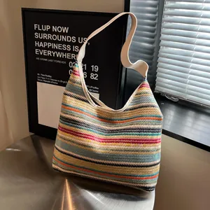 Women Hand Woven Tote Bag Colorful Horizontal Striped Large Capacity Casual Daily Shoulder Bag Bohemian Summer Beach Travel Bag