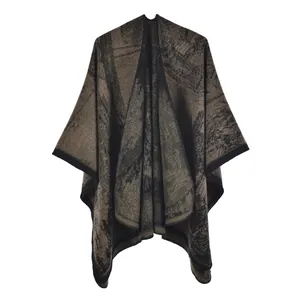 Women's dark coffee shawl with ginkgo leaf jacquard patterns and black bound edges
