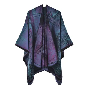 Women's artistic shawl cape featuring purple and blue gradient with abstract landscape patterns