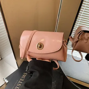 Damen Minimalistische PU Leder Umhängetasche Mode Gold Drehverschluss Schultertasche Einfarbig Farbblock Klappe Quadratische Tasche
