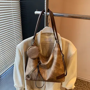 Retro brown large capacity tote bag with small coin purse and stylish front zipper detail