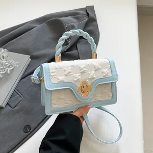 Women PU Leather Crossbody Bag Twist Handle Fashion Flower Buckle Embossed Small Square Handbag Casual Shoulder Bag